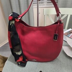 Coach Red Leather Hobo Bag with Black Floral Scarf